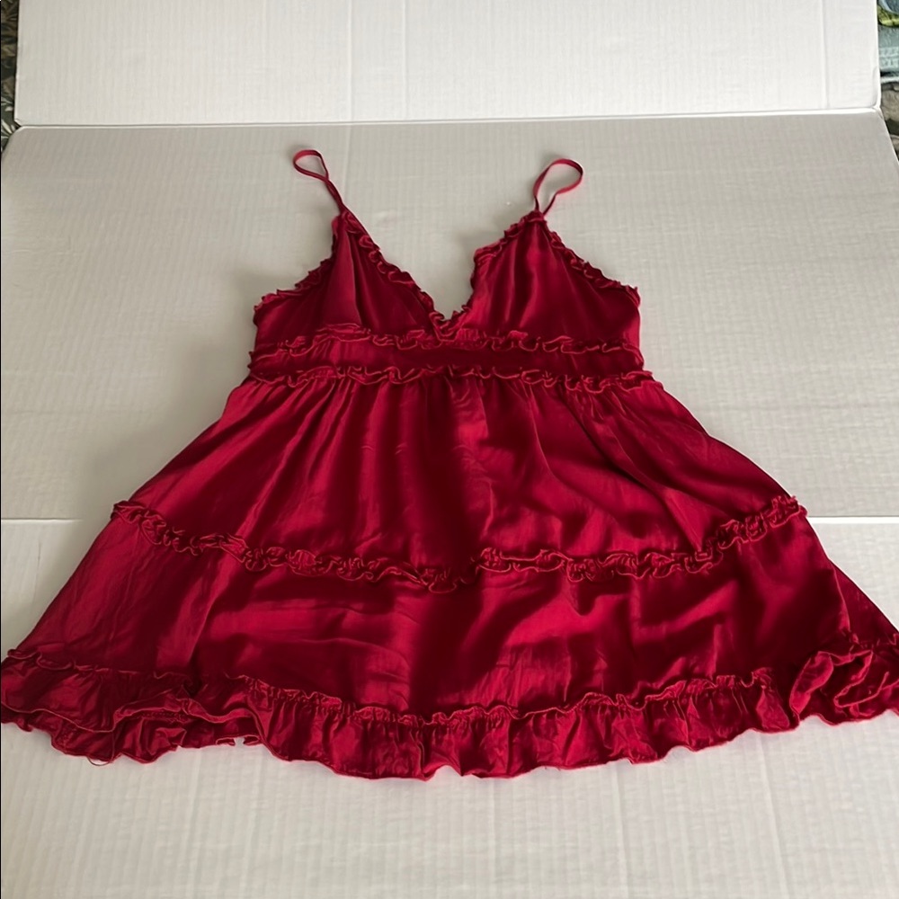 SHEIN Dark red Spaghetti Strap ( adjustable) Mini Sundress with ruffles